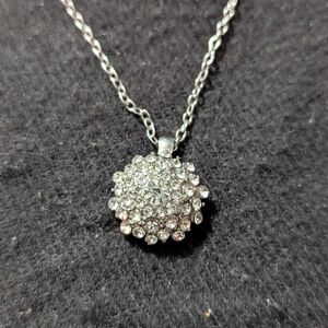 Silver Tone Clear Rhinestone Domed Dainty Delicate Pendant Statement Necklace